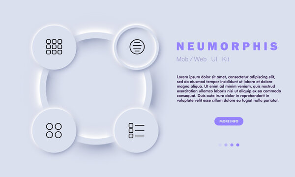 Menu buttons set icon. Tiles, circles, settings, order, alignment, squares, application, control panel, program, app, adjust. Technology concept. Neomorphism style. Vector line icon for Business