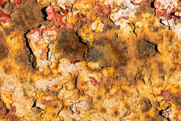 Corrosion and deep crack on the texture of the surface. Peeling paint texture