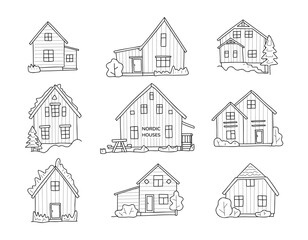 Scandinavian cute houses doodle set. Nordic house facades. Hand drawn sketch of tipical norway buildings. Typical northern facades made of sandwich panels.