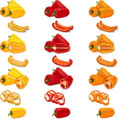 Set of red, yellow, and orange mini sweet peppers. Whole, half, sliced and wedges of capsicum. Fresh organic and healthy, vegetarian vegetables. Vector illustration isolated on white background.