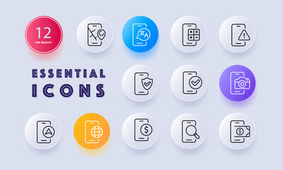 Applications for phone set icon. Navigator, translator, calculator, security system, camera, location, internet, planet, dollar, banking, search. Technology concept. Neomorphism. Vector line icon