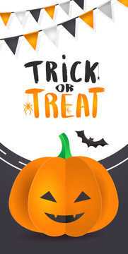 Template flyer with 3D paper pumpkins with Halloween faces. Banner, brochure