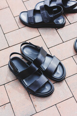Men's black leather sandals stand on an isolated background. Summer collection of men's shoes