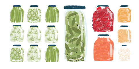 Pickled Vegetables and Fruit Jams in the Glass Jars. Autumn Harvest. Set of Vegetables and Fruits