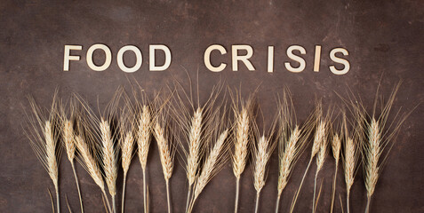 Food crisis with increasing prices and shortages, wheat ears on a brown background, supply chain...