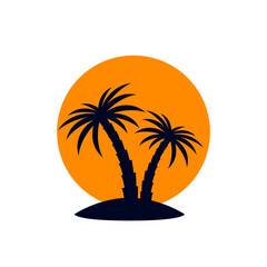 African Rainforest Coconut Trees or Tropical Palm Trees with Orange Sun on White Backdrop. Creative Symbol Outline for Eco Floral Logotype Emblem in Retro Art, or Travel Logo Design