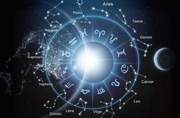 Zodiac signs inside of horoscope circle. Astrology in with many stars horoscopes concept.