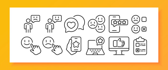 Feedback set icon. Comment, review, user, like, dislike, speech bubble, emoticon, rate the service, rating stars, thumbs up, checkbox, happy, sad. Communication concept. Vector line icon for Business