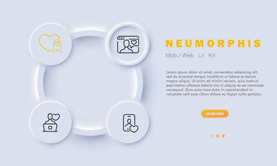 Meeting website set icon. Dating app, love, like, heart, finger, press, partner, feelings, video call. Long distance relationships concept. Neomorphism. Vector line icon for Business and Advertising