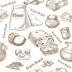 Traditional Halloween Food ingredients seamless. Barm Brack bread