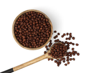 wooden bowl and spoon of chickpeas isolated on white