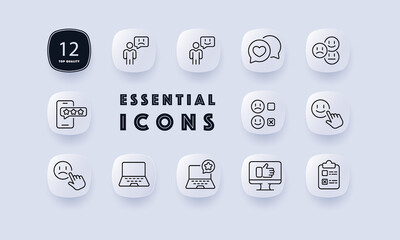 Feedback set icon. Review, comment, reaction, speech bubble, dislike, like, rating stars, checkbox, laptop, phone, emoticons. Communication concept. Neomorphism style. Vector line icon for Business