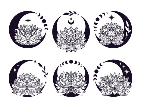 Set Of Crescent Moon And Lotus Flower Mystial Symbol With Moon Phases.