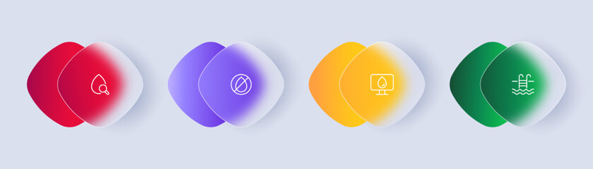 Water drops set icon. Magnifier, analysis, crossed out, do not enter with water, computer, swimming pool, ladder. Nature concept. Glassmorphism style. Vector line icon for Business and Advertising