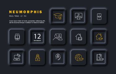 Distance learning set icon. Academic cap, computer, phone, e book, textbook, home, online, internet, laptop, headphones, student, worldwide. Education concept. Neomorphism style. Vector line icon