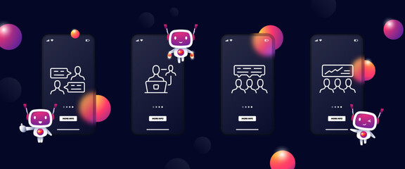 Workflow set icon. Employee, exchange information, laptop, communication, speech bubble, chart, graph, infographics, analytics. Business concept. Glassmorphism. UI phone app screens. Vector line icon