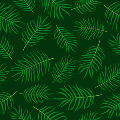 Palm leaves seamless pattern. Green plants on dark green background