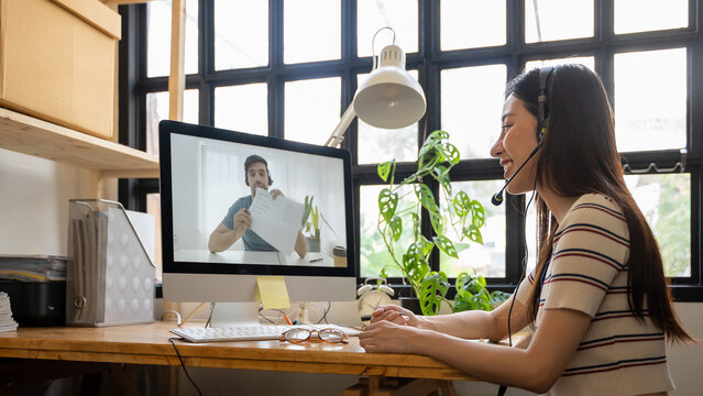 Beautiful Young Asian Woman Learning Language Education Course Online At Home From Internet Following Quarantine During Covid Outbreak. Social Distancing New Normal And Health Care Concept.