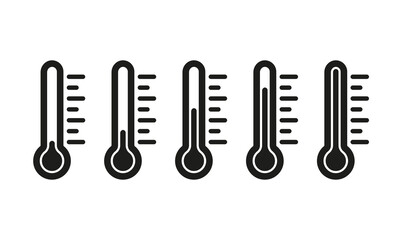Thermometers set icon. Temperature, climate control, weather conditions, cold, warm, disease, illness, healthcare, scan, degree, celsius, fahrenheit, kelvin. Measurement concept. Vector line icon