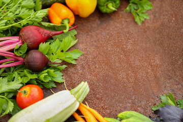 Autumn cooking background with seasonal organic vegetables, top view, copy space. Ingredients