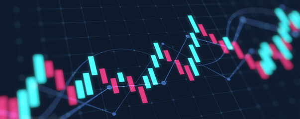 Widescreen Financial graph with abstract trend line chart in stock market on blue color background

