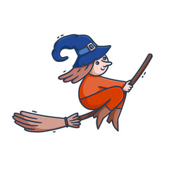 Halloween witch flying on broomstick vector illustration. Cartoon outline cute character with hat and broom. Cheerful childish magician isolated on white background
