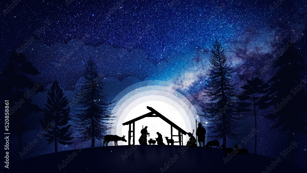 Wall mural Christmas Nativity Scene animation with real animals and trees on starry sky on blue bg