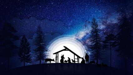 Christmas Nativity Scene animation with real animals and trees on starry sky on blue bg