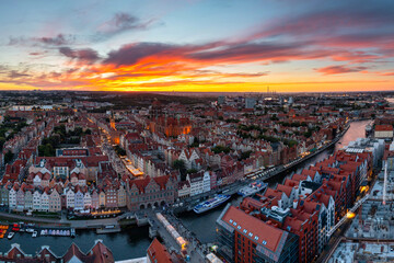 Beautiful architecture of the Main Town of Gdansk at sunset. Poland