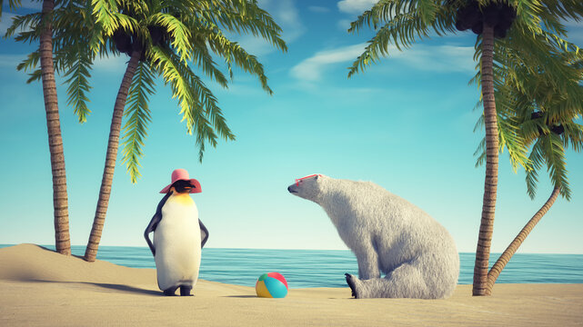 Polar bear and a penguin at the tropical beach. Travel and different concept.