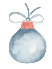 Christmas ball with ribbon and bow, isolated on transparent background. Watercolor illustration.