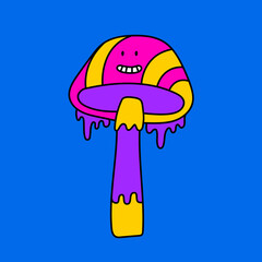 Psychedelic trippy mushroom. Hallucination retro 70s mushroom.Psychedelic hippy doodle sticker mushroom. Bright doodle vector print