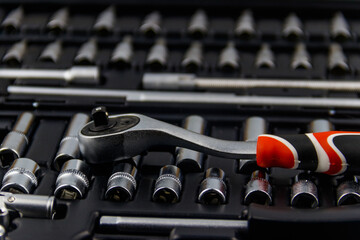 Close-up of universal tool kit for car repair