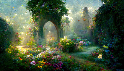 A beautiful secret fairytale garden with flower arches and colorful greenery. Digital Painting Background, Illustration - obrazy, fototapety, plakaty