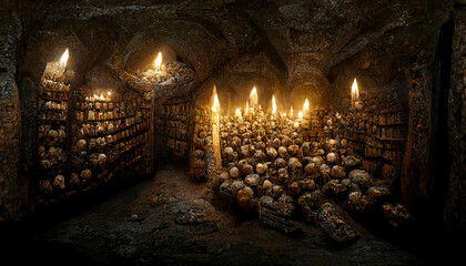 Environment with medieval catacombs with covered floors, with torches inside the cave. - obrazy, fototapety, plakaty