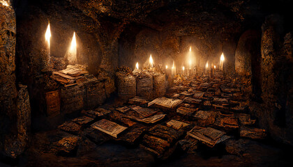 Environment with medieval catacombs with covered floors, with torches inside the cave.
