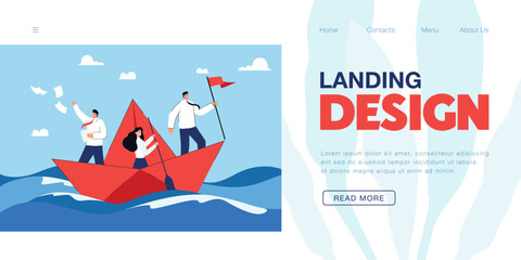 Happy businessmen and businesswoman sailing on paper boat. Cartoon business team in ocean or sea, leader with flag flat vector illustration. Cooperation or teamwork, goal, strategy, success concept