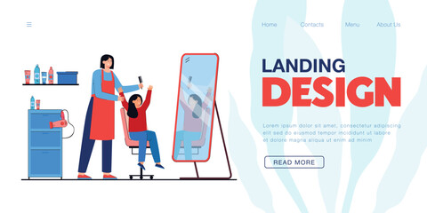 Girl looking in mirror after getting haircut in hair salon. Children hairdresser with comb standing behind child flat vector illustration. Beauty concept for banner, website design or landing page
