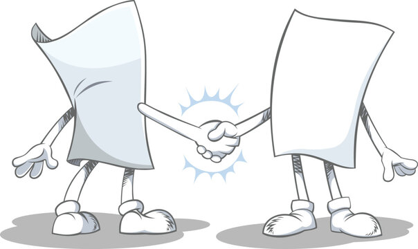 Blank Paper Characters Shaking Hands.
Vector Illustration Of Blank Paper Cartoon Characters Making A Deal And Shaking Hands. 
