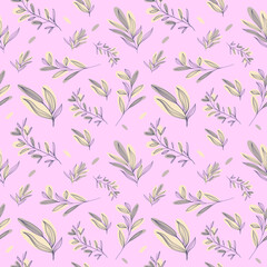 Seamless pattern with a collection of botanical leaves in delicate colors. linear leaves flat illustration. Abstract plant art design for print, cover, wallpaper, minimal and natural background art