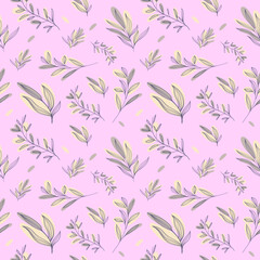 Fototapeta premium Seamless pattern with a collection of botanical leaves in delicate colors. linear leaves flat illustration. Abstract plant art design for print, cover, wallpaper, minimal and natural background art