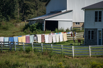 Fototapeta na wymiar Towels hanging on a clothesline on an Amish farm | Holmes County, Ohio