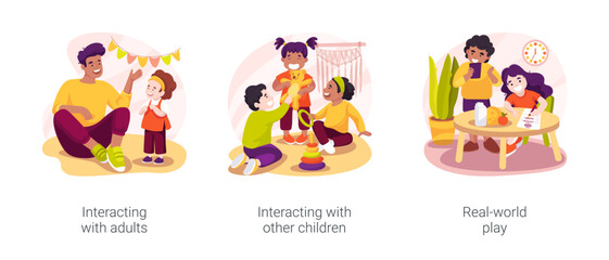 Fototapeta premium Toddlers social and emotional skills isolated cartoon vector illustration set