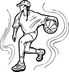 Fototapeta premium Basketball player playing with ball. Healthy funny sport activity. Trendy jumping fitness exercises for young people. Fashion sportswear. Hand drawn vector illustration. Cartoon line character drawing