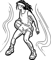 Basketball player playing with ball. Healthy funny sport activity. Trendy jumping fitness exercises for young people. Fashion sportswear. Hand drawn vector illustration. Cartoon line character drawing