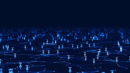 The technology concept supports a large number of users in the Internet website system. Small user icon above online network connected polygon on dark blue background.