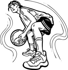 Basketball player playing with ball. Healthy funny sport activity. Trendy jumping fitness exercises for young people. Fashion sportswear. Hand drawn vector illustration. Cartoon line character drawing