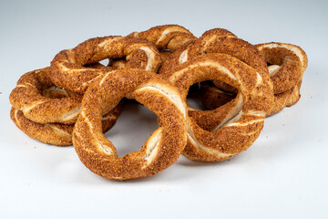 Turkish Bagel Simit with sesame, traditional pastry of Turkey.Traditional street food for Turkey , Turkish names ' simit or gevrek'.