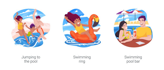 Fototapeta na wymiar Resort swimming pool isolated cartoon vector illustration set