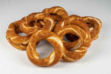 Turkish Bagel Simit with sesame, traditional pastry of Turkey.Traditional street food for Turkey , Turkish names ' simit or gevrek'.